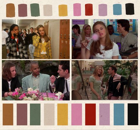 Bright 90s colir palette for the cult classic emma adapation Clueless #clueless #cinematography #90s #90sfashion #90sstyle #color #colour #colorpallete Clueless Color Palette, 90s Color Scheme, 90s Color Pallete, 90s Colors Palette, Clueless Cinematography, 1990s Color Palette, Movie Color Palettes, Early 2000s Color Palette, 90s Anime Color Palette