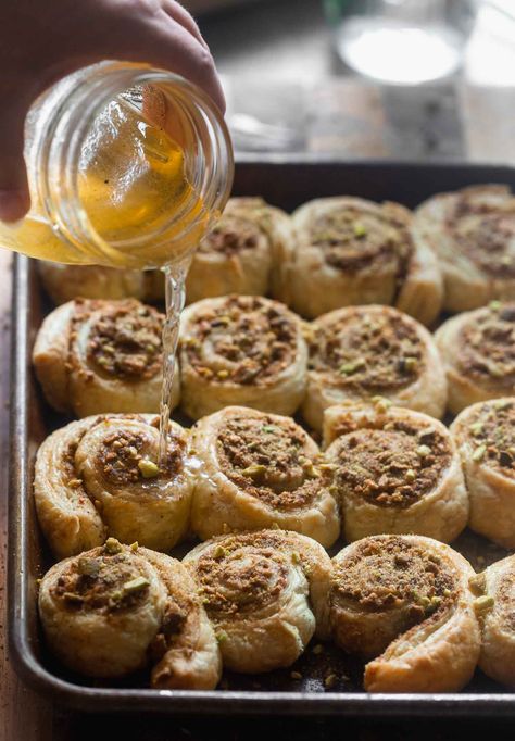 Baklava Cinnamon Rolls - Cooking for Keeps Easy Christmas Candy Recipes, Sticky Buns Recipes, Pistachio Baklava, Food Dolls, Holiday Bread, For Keeps, Homemade Dough, Cobbler Recipe, Peach Cobbler Recipe