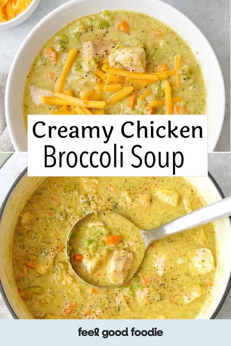 This Chicken Broccoli Soup takes a classic broccoli and cheese soup and adds some extra protein! Loaded with veggies and chicken in a creamy and cheesy base, this broccoli cheese soup with chicken is so good. It’s so easy to make, too, using just one pot for easy clean-up. Lightened Up Broccoli Cheese Soup, Chicken Broccoli Chowder, Broccoli Cheese Soup Chicken, Keto Chicken Broccoli Cheese Soup, Cheesy Chicken And Broccoli Soup, Broccoli And Chicken Soup Recipes, Chicken Broccoli Instant Pot Recipes, Chicken Broccoli Cheese Soup Crockpot, Healthy Chicken Broccoli Soup