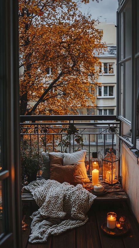 Fall Aesthetic Photos, Fall Balcony, Girly Autumn, Aesthetic Scenes, Seasonal Photography, Fall Patio, Autumn Photos, Pink Autumn, Comfy Vibes