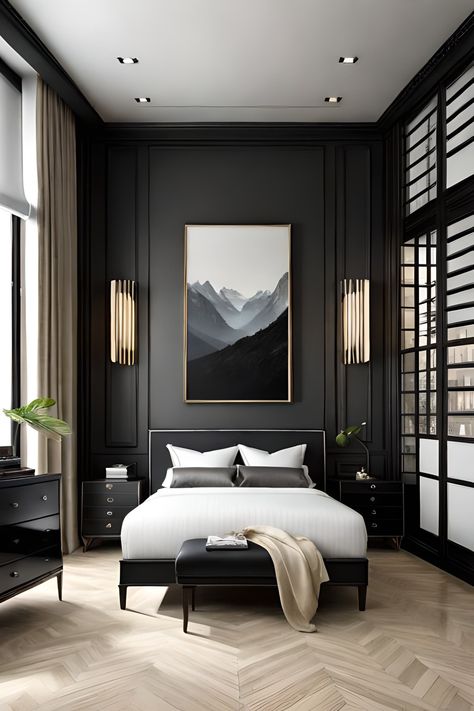 Monochromatic Walls And Trim Bedroom, Black And White Bedroom Ideas Modern Luxury, Black Bedroom White Trim, Black Bed Ideas Color Schemes, Modern Bed Wall, Monochromatic Bedroom Ideas, Grey Bedroom Ideas With Pop Of Color, Monochromatic Bedding, Contrast Bedroom