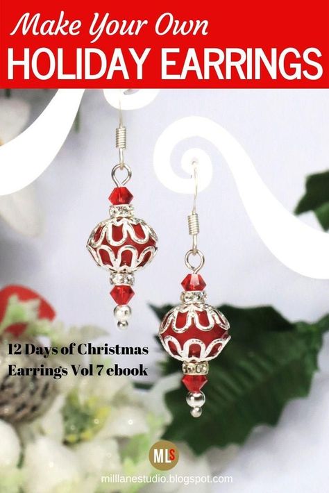 Ad: You've decorated the tree... now dress up your ears with one of these 12 DIY holiday earring designs. The 12 Days of Christmas Earrings ebook (Vol 7) has 12 all new designs for you to make for the holiday season. There's traditional red, gold and silver, as well as some unusual colour combinations, but they are all festive and going to add a touch of Christmas magic to your holiday outfits! Holiday Earrings Diy, Diy Christmas Earrings, Xmas Earrings, Christmas Jewelry Diy, Jewellery Findings, Beaded Christmas Decorations, Diy Earrings Easy, Christmas Jewellery, The 12 Days Of Christmas