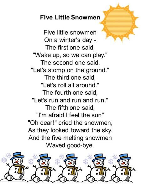 5 Little Snowmen Poem, Five Little Snowmen Poem, One To One Counting Preschool, Winter Fingerplays For Preschoolers, Winter Songs For Kindergarten, 5 Little Snowmen Song, Snowman Songs For Preschool, Winter Rhymes For Preschool, Snow Poems For Kids