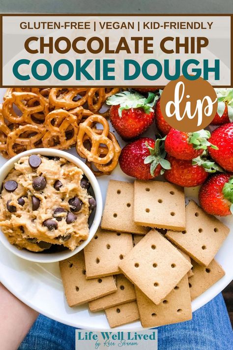 As easy and healthy Chocolate Chip Cookie Dough Dip made vegan-friendly with chickpeas and peanut butter.  It's a kid-friendly and gluten-free cookie dough dip that's perfect for snack time!  || Life Well Lived by Kara Swanson || Kara Swanson, Cookie Dough Dip Healthy, Labor Day Recipes, Chocolate Chip Cookie Dough Dip, Gluten Free Cookie Dough, Cookie Dough Dip, Healthy Chocolate Chip Cookies, Vegan Cookie, Vegan Cookie Dough