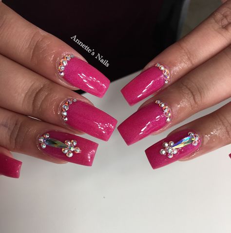 Dark Pink Nails With Rhinestones, Diamond Nail Designs, Dark Pink Nails, Nail Art For Beginners, Dark Nails, Pink Acrylics, Super Nails, Acrylic Nail Art, Gel Nail Designs