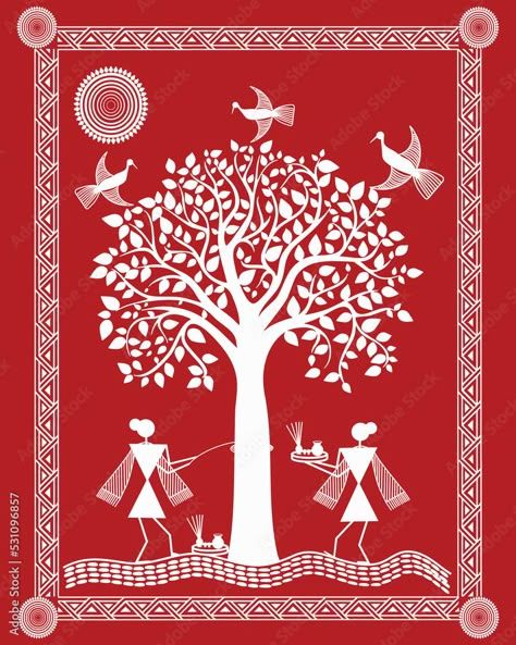 Indian woman celebrations Warli illustration, Wall painting. Warily Art, Varali Painting, Warli Borders, Warli Painting Ideas On Wall, Warli Art Painting, Vat Purnima, Dark Folklore, Warli Paintings, Worli Painting