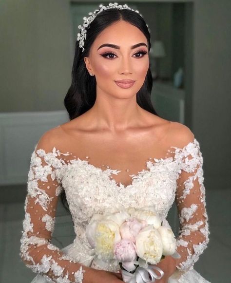 Wedding Dresses With Crowns, Wedding Updo With Crown And Veil, Brides With Crowns, Bride Hair With Tiara, Wedding Tiara And Veil, Bridal Hairstyle With Headband, Bridal Hairstyle With Crown, Straight Hair Bride, Bridal Headband With Veil