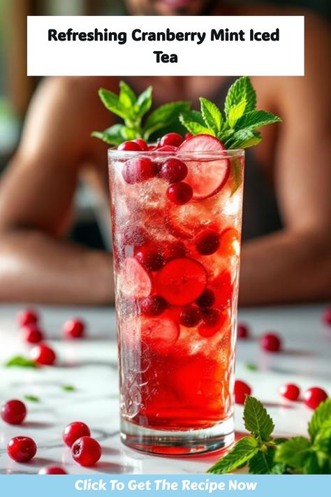 Cranberry mint iced tea garnished with fresh mint leaves and cranberries. Almond Milk Tea, Cranberry Tea, Cranberry Drinks, Infused Recipes, Mint Drink, Holiday Berries, Berry Tea, Honey Almonds, Chef Inspiration