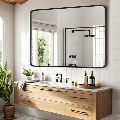 Bathroom Mirrors for Over Sink Wall, Matte Large Mirror, Decorative for Restroom, Farmhouse, Horizontally or Vertically Hanging - Bed Bath & Beyond - 39491294 Mirror Above Double Sink, Big Mirror Bathroom, Bathroom Mirrors Ideas, Rectangle Bathroom Mirror, Bungalow Bathroom, Bathroom Mirror Ideas, Japanese Bathroom, Corner Floor Lamp, Living Room Fireplace