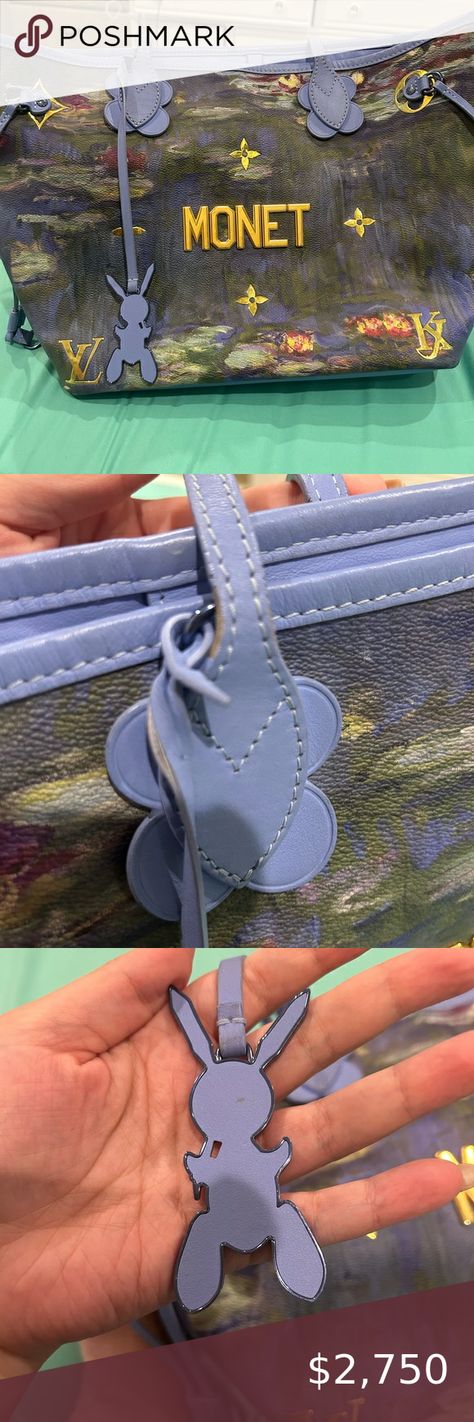 Louis Vuitton Jeff Koons Masters Monet Waterlilies Neverfull MM Tote Bag Bunny Keychain, Jeff Koons, Neverfull Mm, Water Lilies, Vuitton Handbags, Bag Straps, Louis Vuitton Handbags, See Picture, See Photo