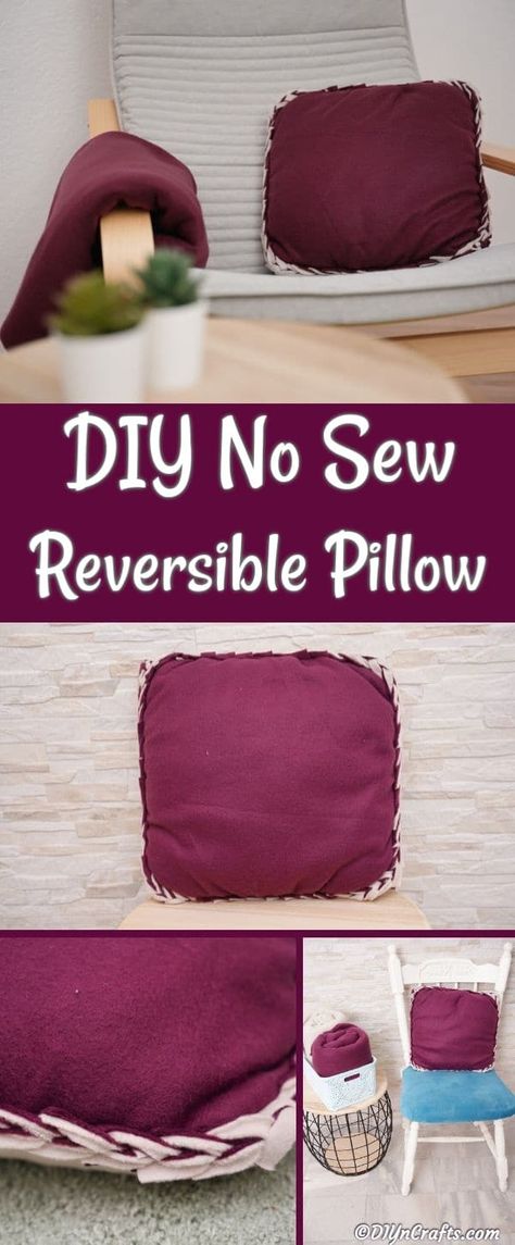 Make this fleece no-sew reversible pillow in under half an hour! A super easy craft project to make a great pillowcase for your favorite throw pillow. #nosew #nosewpillow #pillowcase #nosewpillowcase #crafting #sewingproject #kidscrafts Fleece Diy, Throw Pillow Covers Diy, No Sew Pillow Covers, Fleece Crafts, Fleece Projects, Fun Diy Projects, Fleece Pillow, Easy Pillows, Throw Pillow Fabric