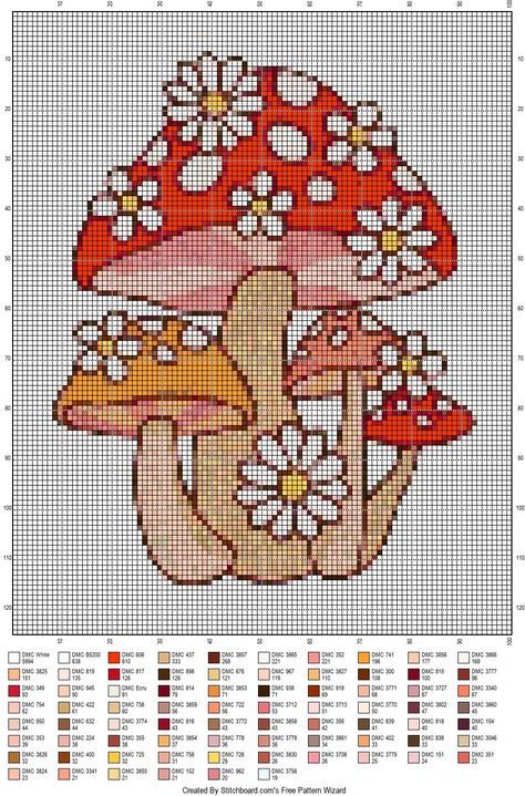 Free Mushroom Cross Stitch Patterns, Cross Stitch Pixel Patterns, Mushroom Cross Stitch Pattern Free, Cottage Core Cross Stitch, Colorful Pixel Art, Mushroom Pixel Art, Mushroom Cross Stitch Pattern, Pretty Cross Stitch Patterns, Mushroom Cross Stitch