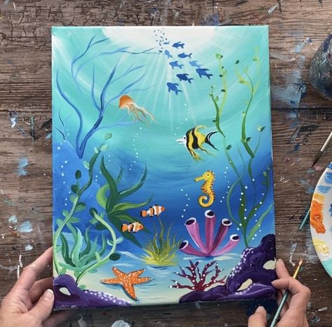 Under The Sea Painting - Step By Step Acrylic Tutorial For Beginners Under The Sea Drawings, Underwater Drawing, Ocean Drawing, Sea Drawing, Underwater Painting, Underwater Scene, Sea Life Art, Underwater Art, Sea Painting