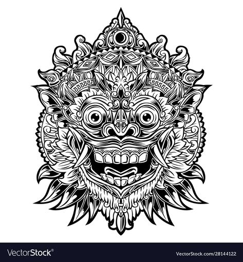 Bali Mask, Balinese Tattoo, Hexagon Tattoo, Art Vector Illustration, Buddha Tattoo, Mask Art, Chest Piece Tattoos, Mask Tattoo, Mandala Design Pattern