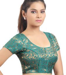 Buy Rama Green Ready Made Stitched padded blouse with gold prints readymade-blouse online Princess Cut Blouse Design, Princess Cut Blouse, Netted Blouse Designs, Cotton Saree Blouse Designs, Cut Blouse, Saree Blouse Neck Designs, Jacquard Blouse, Sari Blouse Designs, Silk Saree Blouse Designs