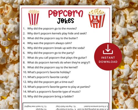 Make your celebration extra fun with these Popcorn jokes with answer key!  Option to print 2 per page to save paper and ink. Perfect for all ages. This is a digital download. Print as many times as you need! You may also enjoy my What's Your Popcorn Name Game. https://www.etsy.com/TheFlooringGirl/listing/1588121381 Perfect for: - Popcorn birthday parties - Baby showers - Movie night - Trivia night - Office Parties - Award ceremonies - Moving/Housewarming Games/Going  Away Parties - Senior Center Popcorn Theme Party, Movie Night Games, Popcorn Games, Popcorn Puns, Popcorn Baby Shower, Cub Scout Popcorn, Popcorn Sign, Popcorn Birthday, Housewarming Games