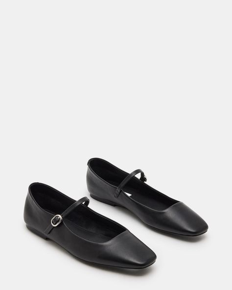 MAPLE Black Leather Mary Jane Ballet Flat | Women's Flats – Steve Madden Mary Jane Flats Outfit, Kitten Heel Slingbacks, Ballet Flats Outfit, Brown Mary Janes, Mary Jane Shoes Flat, Mary Jane Ballet Flats, Leather Socks, Leather Wear, Black Ballet Flats