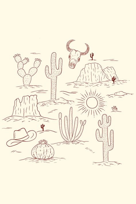 Handdrawn American Desert drawing with cacti, cowboy hats, mountains and sun.  Simple drawing of an american wild west desert scene used for pattern design. Western Doodles Easy, Desert Plants Drawing, Sun Simple Drawing, Mountain Illustration Simple, Western Line Art, Desert Line Art, Western Doodles, Country Drawings, Wild West Desert