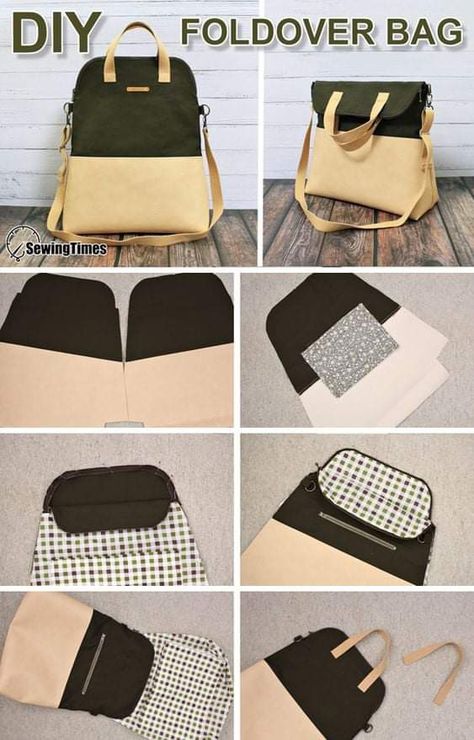 Diy Canvas Bag Sew, Leather And Fabric Bags, Backpack Diy Pattern, Sewing Backpack, Crossbody Bag Sewing, Beginner Sewing Projects, Bag Sewing Tutorial, Foldover Bag, Crossbody Bag Pattern