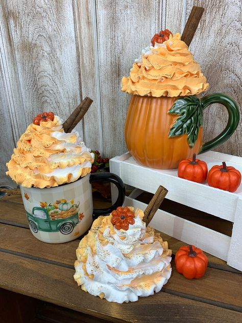 Pumpkin Spice Mug Topper, Halloween Toppers, Bar Table Top, Bake Ideas, Mug Topper, Fake Food Props, Nifty Crafts, Cream Mugs, Fake Cupcakes