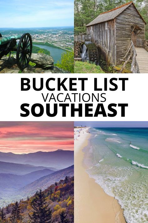 Bucket list vacations Southeast, including Chattanooga, Great Smoky Mountains, Blue Ridge Mountains, Pensacola. Southeast Us Vacation Ideas, East Coast Vacations, Best East Coast Vacations, East Coast Vacation, Urban Adventure, Southeast Region, Usa Bucket List, Bucket List Vacations, Best Vacation Spots