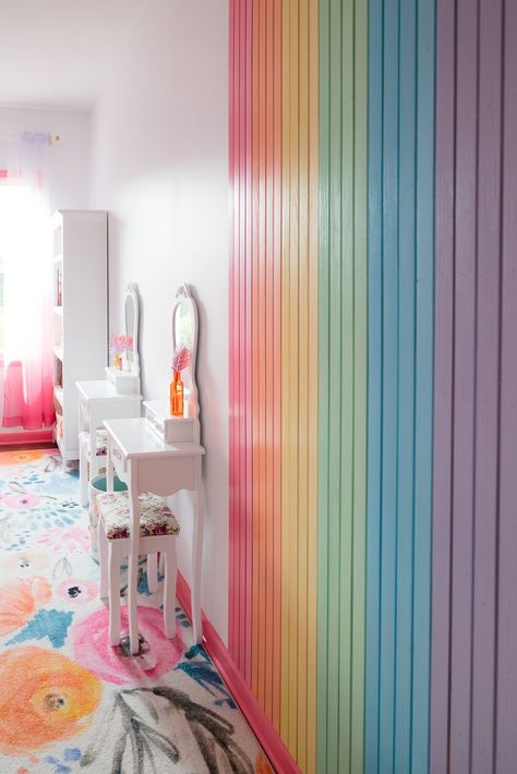 t’s reveal day for this Rainbow spa themed Shared Girls Bedroom makeover! I cannot believe it’s been 8 weeks in the making, and I equally cannot believe that I made it to the end…AND on schedule! Small Miracles!Before we get into the final reveal, let’s take a walk down memory lane for a little look Pastel Painted Walls, Rainbow Inspired Bedroom, Rainbow Feature Wall, Subtle Rainbow Wallpaper, Rainbow Walls Girls Room, Boys Rainbow Bedroom, Girls Bedroom Wall Ideas, Girls Bedroom Rainbow Theme, Girls Rainbow Bedroom Ideas