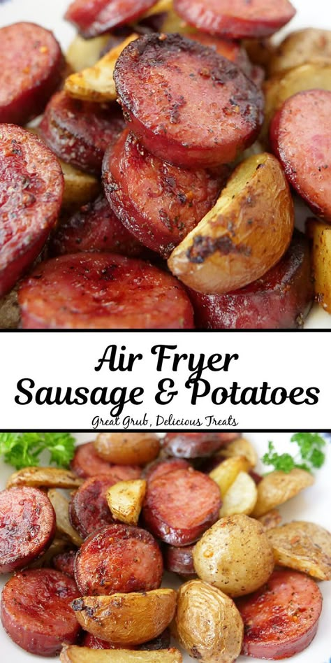 A double collage photo of sliced smoked sausage and potatoes. Kilbasa Sausage Recipes, Kielbasa Sausage Recipes, Homemade Tamales Recipe, Air Fryer Sausage, Easy Sausage Recipes, Kielbasa And Potatoes, Sausage And Potatoes, Air Fryer Recipes Dessert, Fried Sausage