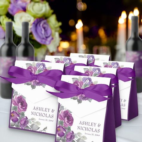 $3.10 | Purple Floral Personalized Wedding #purple wedding, simple, elegant, floral, modern, organic watercolor foliage, spring summer, winter, plum mauve lilac magenta, modern bohemian garden botanical Wedding Simple Elegant, Purple Wedding Favors, Personalized Wedding Favor Box, Iris Wedding, Watercolor Foliage, Magenta Rose, Wedding Extras, Bohemian Garden, Wedding Purple