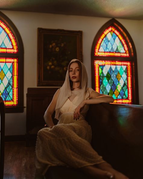 “Stained glass” Creative direction/styling/photography @anthropologyphotoco model: @rubyjoyyyy fog machine @pmi_gear location @vineyard_church_of_conroe Stained Glass Photoshoot, Church Photoshoot, Mirror Shoot, Hotel Shoot, Picture Prompt, Glass Chapel, Stained Glass Church, Fog Machine, Picture Prompts