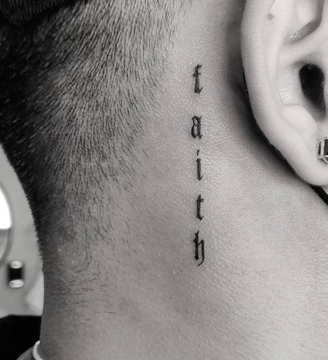 Faith Neck Tattoo Men, Neck Word Tattoo Men, Behind The Ear Tattoo Ideas For Men Guys, Neck Tattoos Side, Faith Tattoo Men, Behind The Ear Tattoo Ideas For Men, Neck Tattoos For Guys, Word Neck Tattoos, Name Tattoos On Neck