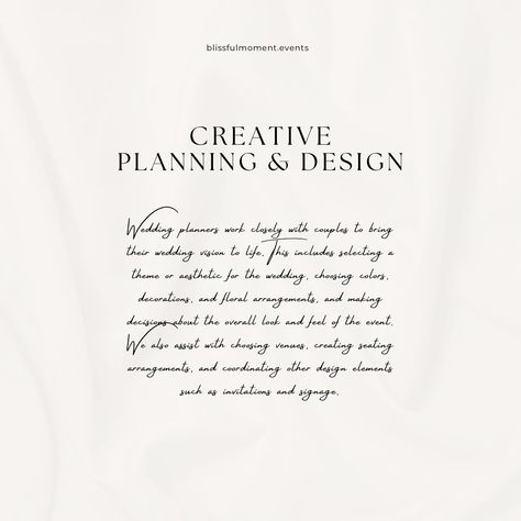 3 Main Jobs of a Wedding Planner 1. Creative Planning & Design - Wedding planners work closely with couples to bring their wedding vision to life. This includes selecting a theme or aesthetic for the wedding, choosing colors, decorations, and floral arrangements, and making decisions about the overall look and feel of the event. We also assist with choosing venues, creating seating arrangements, and coordinating other design elements such as invitations and signage. 2. Vendor Selection and ... Party Planner Aesthetic Job, Wedding Planner Aesthetic Job, Event Planner Aesthetic, Wedding Planner Aesthetic, Management Aesthetic, Planner Aesthetic, Making Decisions, Wedding Vision, Design Wedding