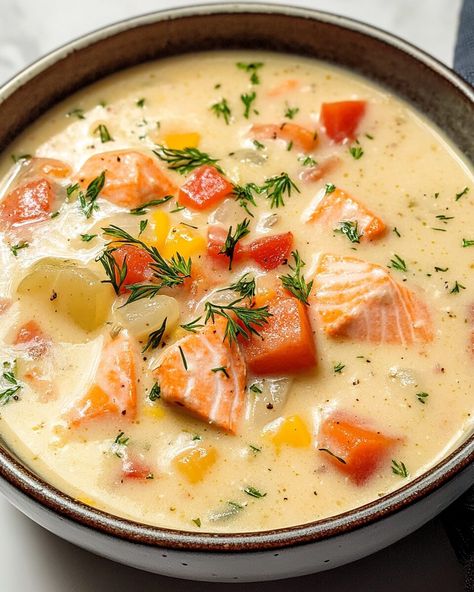 Advertisement This salmon chowder combines the richness of heavy cream with the smoky goodness of bacon and the delicate taste of fresh salmon. Every spoonful delivers creamy potatoes and bursts ... Read more Salmon Chowder Instant Pot, Smoked Salmon Chowder Recipe, Salmon Soup Recipes, Salmon Chowder Recipe Easy, Salmon Chowder Recipe, Smoked Salmon Chowder, Salmon Soup, Salmon Chowder, Creamy Potatoes