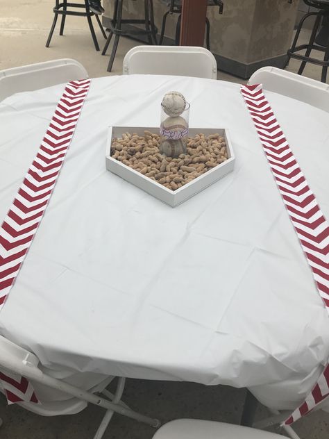 Baseball Photo Booth Backdrop, Diy Baseball Centerpieces, Baseball Party Cupcakes, Phillies Party Ideas, Baseball Theme Engagement Party, Baseball Themed Party Decorations, Baseball Birthday Party Table Decor, Baseball Centerpiece Ideas 1st Birthday, Baseball Party Centerpiece Diy