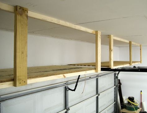 Garage Door Storage, Shelving Hacks, Diy Overhead Garage Storage, Spring Organization, Garage Clutter, Garage Ceiling Storage, Diy Shelving, Basement Organization, Garage Ceiling