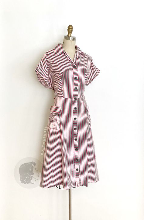 1940s dress 40s stripe button front cotton collared midi | Etsy 1940s Vintage Dresses, Ruby Mae, Vintage Green Dress, White Vintage Dress, Dresses 40s, Shirtwaist Dress, 1960's Dress, Cotton Shirt Dress, 1940s Dresses