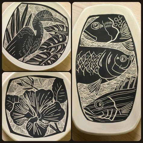 Laurie Landry Sgraffito 2015 www.laurielandrypottery.com Scrafito Ceramics Plate, Scraffito Designs Simple, Sgraffito Landscape, Sgraffito Plates, Sgraffito Plate, Ocean Sgraffito, Sgraffito Ceramics, Sgraffito Ideas, Sgraffito Designs