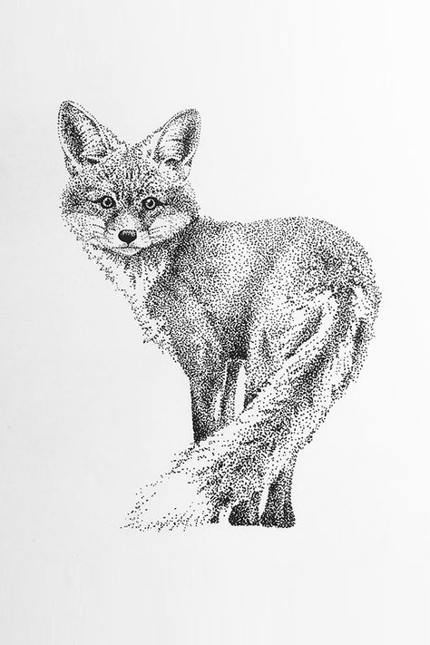 Black and white drawing of a fox in dot style. Simple Piercings, Uterus Tattoo, Dot Drawings, Dotwork Art, Pointalism Art, Stippling Drawing, Dotted Drawings, Stippling Art, Art Fox