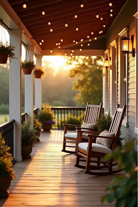 Farmhouse porch with wooden rocking chairs and hanging plants Old House Front Porch Ideas, Porch Rocking Chair Decor, Large Front Porch Decor, Country House With Porch, Front Porch Sitting Ideas, Rocking Chairs On Front Porch, Porch With Lights, Table On Porch, Long Front Porch Ideas