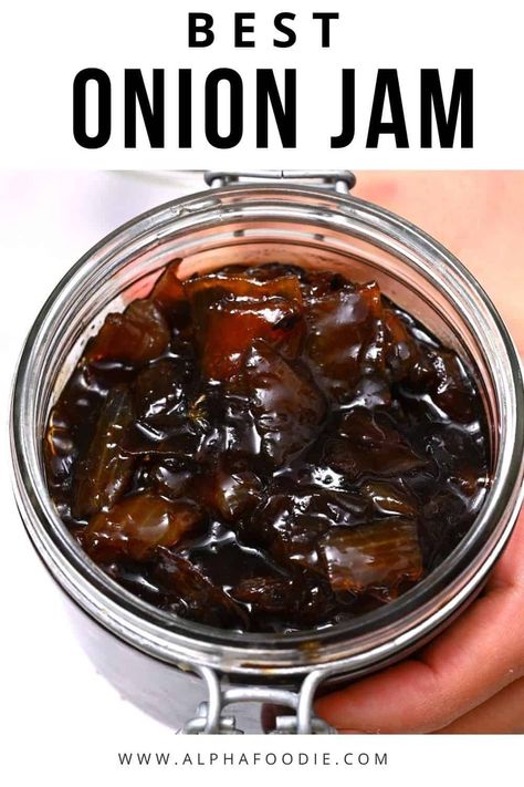 This 6-ingredient caramelized onion jam is rich, sweet, jammy, and packed with flavor (and no pectin!) – perfect for enjoying with a cheese board, over burgers, at Thanksgiving, in a grilled cheese, and more! Apple Onion Jam, Onion Jam Recipe Simple, Onion Confit Recipes, Balsamic Onion Jam, Caramelized Onion Jam, Caramel Apple Dessert, Onion Jam Recipe, Canning Jam Recipes, Caramel Dessert