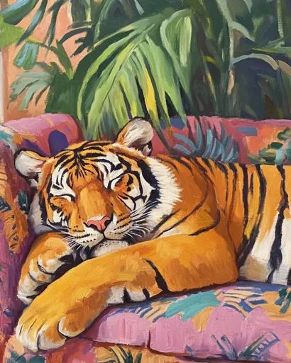 ↑↑↑ Larger size on website 🔸 A large, orange tiger with black stripes is sleeping on a pink and green patterned couch. Its head i Tiger Sleeping, Patterned Couch, Painting Tiger, Tiger Drawing, Orange Tiger, Tiger Painting, Simple Canvas Paintings, Animal Print Nails, Tiger Art