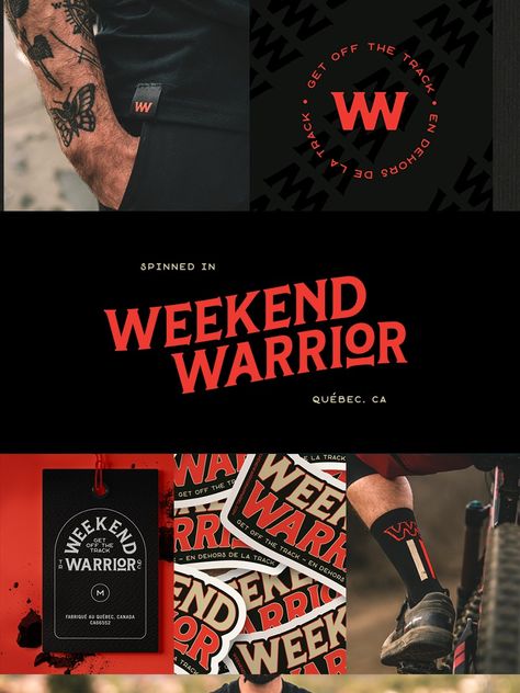 Vintage and simple brand identity and logo for Weekend Warrior, a cool, new mountain bike apparel brand. Branding, brand logo, logo design, vintage logo, logo inspiration, vintage logo ideas, vintage brand identity. Masculine Package Design, Branding Graphic Design Visual Identity, Visual Branding Identity, Urban Logo Design Ideas, Clothing Brand Identity Design, Vintage Brand Identity, Sports Branding Design, Tattoo Shop Branding, Sports Brand Identity