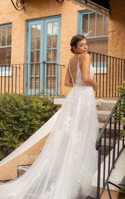 Dreamy Spaghetti Strap Lace Wedding Dress with Plunging Neckline Dress With Plunging Neckline, Timeless Wedding Dress, Ivory Gown, Essense Of Australia, Boutique Wedding, Bridal Salon, Romantic Lace, Modern Bridal, Glamorous Wedding