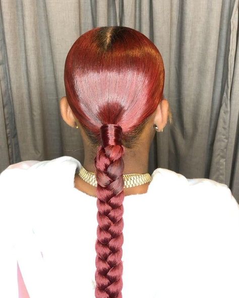 Red middle part braid slick back ponytail 😍🍒🍓 Middle Part Braid Ponytail, Ponytail Edges, Braided Ponytail Weave, Sleek Braided Ponytail, Ponytail Braid, Slick Ponytail, Hairstyles Simple, Braids Ponytail, Slicked Back Ponytail