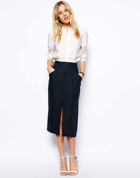 ASOS Linen Split Front Pencil Skirt Style Désinvolte Chic, Trendy Skirts, Vintage Style Dresses, A Skirt, Summer Style Casual, Blouse Outfit, Tk Maxx, Style Chic, Mode Inspiration