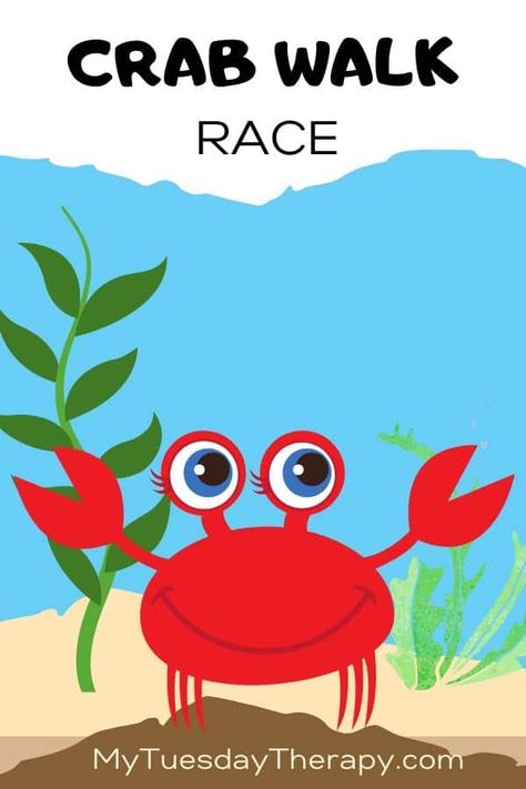 Crab walk race. A fun game for under the sea party. Things to do with kids. Party games for kids. Activity ideas for kids. Ocean Themed Carnival Games, Summer Camp Under The Sea, Ocean Themed Games For Preschool, Under The Sea Games Activities, Under The Sea School Age Activities, Under The Sea Themed Games, Under The Sea Physical Activities, Ocean Birthday Activities, Ocean Obstacle Course