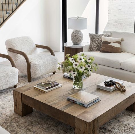 Made from thick-cut oak veneer with a faux rustic finish made to emulate wormwood, this low, large-scale coffee table features chunky squared legs and dovetail joinery detailing. #coffeetableideas Dark Grey Couch Light Wood Coffee Table, Low Height Center Table, Wood Rustic Coffee Table, Big Wooden Coffee Table, Low Large Coffee Table, Coffee Table For Corner Sofa, Square Wood Coffee Table Decor, Living Room Square Coffee Table, Wooden Square Coffee Table