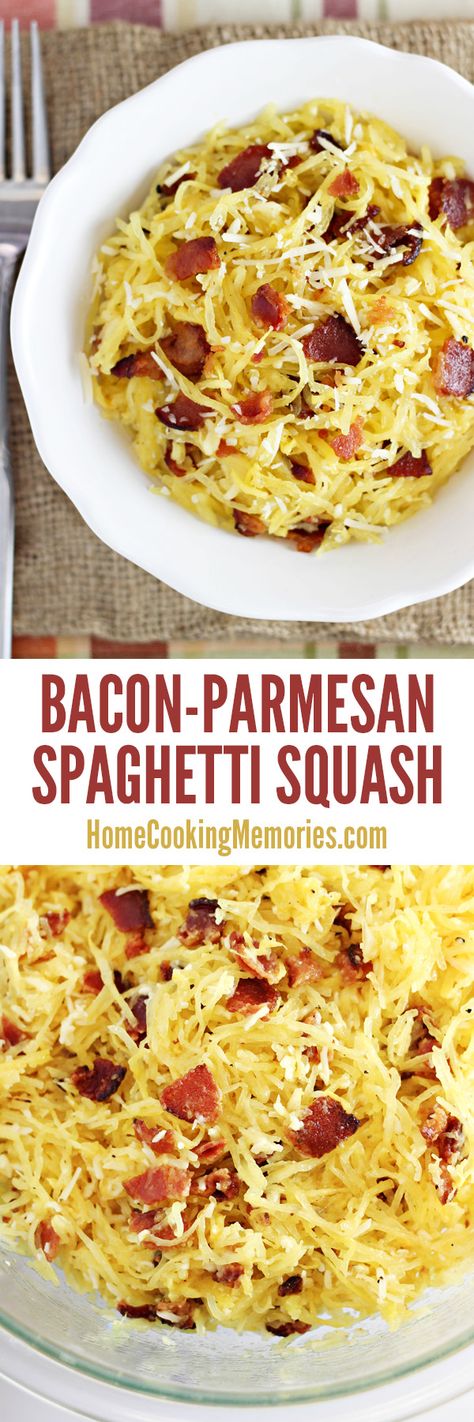 One of the best easy side dishes: Bacon-Parmesan Spaghetti Squash recipe! Only 4 ingredients! A must-make recipe!! Low Carb Veggie, Parmesan Spaghetti Squash, Easy Side Dishes, Spaghetti Squash Recipe, Parmesan Spaghetti, Squash Recipe, Spaghetti Squash Recipes, Fall Recipe, Carb Meals