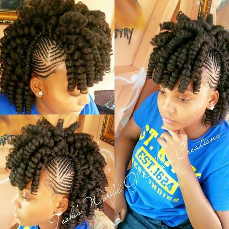 Crochet done with new afro twist braid with braided sides into a mohawk. Follow @byrdjewel for more! Crochet Braids Hairstyles For Kids, Crochet Mohawk, Braided Mohawk, Braided Mohawk Hairstyles, Afro Twist Braid, Hairstyles Protective, Mohawk Styles, Afro Twist, Kid Hair