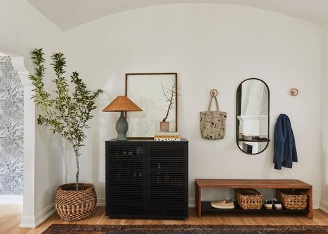 Concrete Tile Floor, Entry Cabinet, Colorful Bathroom, Curved Wall, Entryway Inspiration, Focal Wall, Office Nook, Mudroom Design, Entry Tables