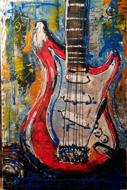 Acrylic Guitar Painting, Painting Ideas Guitar, Guitar Painting Ideas On Canvas, Music Painting Ideas Easy, Rock Music Painting, Painting Of Guitar, Music Acrylic Painting, Canvas Painting Music, Interior Design Concept Art